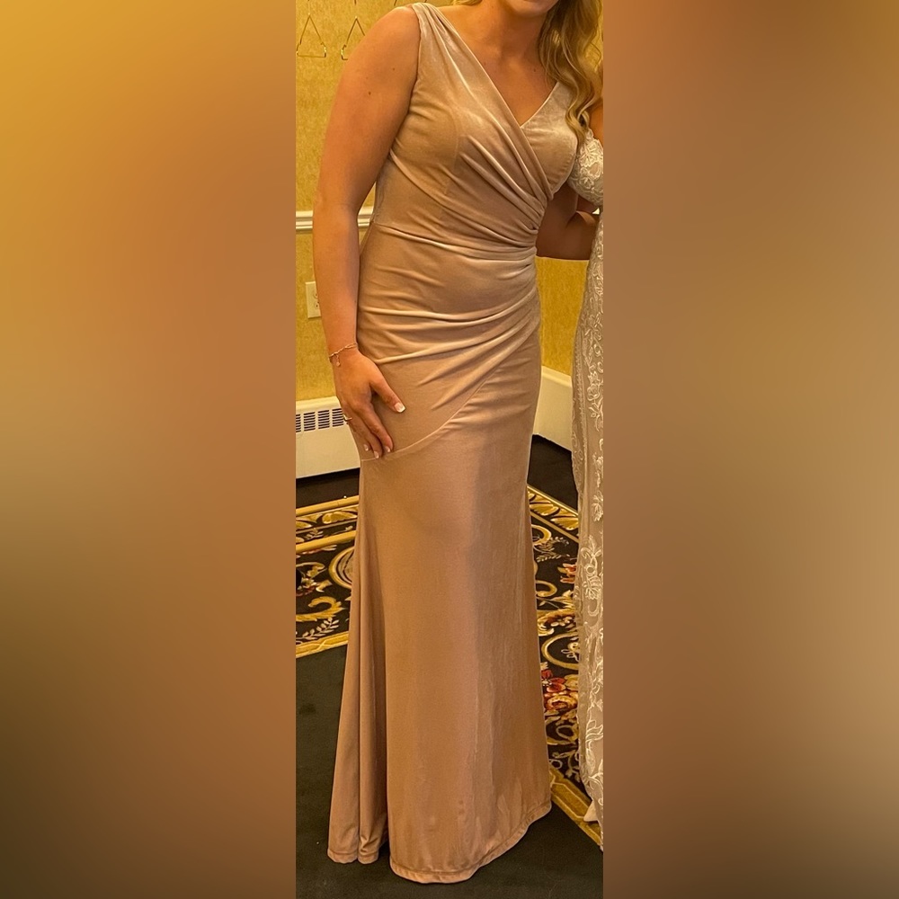 Revelry velvet Dawson gold champagne bridesmaids dress.